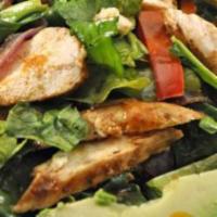 Grilled Chicken Avocado Salad · With romaine lettuce, grape tomatoes avocado and cheese.