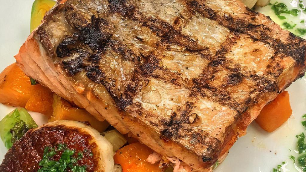Salmon & Scallop Special · Grilled salmon & two scallops with ratatouille vegetables