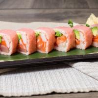 Sugar And Spice Roll · Tuna, salmon, yellow tail, kani, and avocado inside a soy paper wrap, topped with tobiko. Wr...