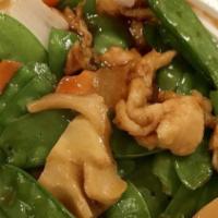 Chicken With Snow Peas · Served with white rice.