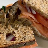 Lox Toast Sandwich · Smoked salmon, cream cheese, red onion, tomato, capers