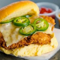 Sean'S Fried Chicken Sandwich · Our Fried Chicken Sandwich with Pepper Jack, Chipotle Mayo, and, Jalapeños.