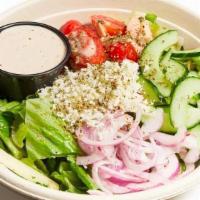 Greek Village Salad · Romaine, grape tomatoes, cucumber, hearts of palm, red onion, feta cheese, fresh oregano, re...