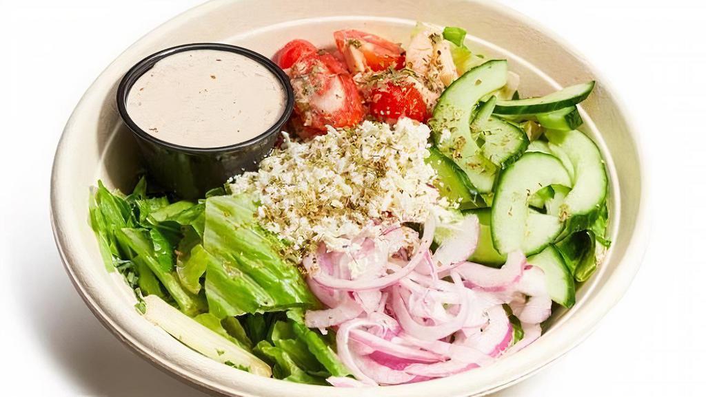 Greek Village Salad · Romaine, grape tomatoes, cucumber, hearts of palm, red onion, feta cheese, fresh oregano, red wine vinaigrette