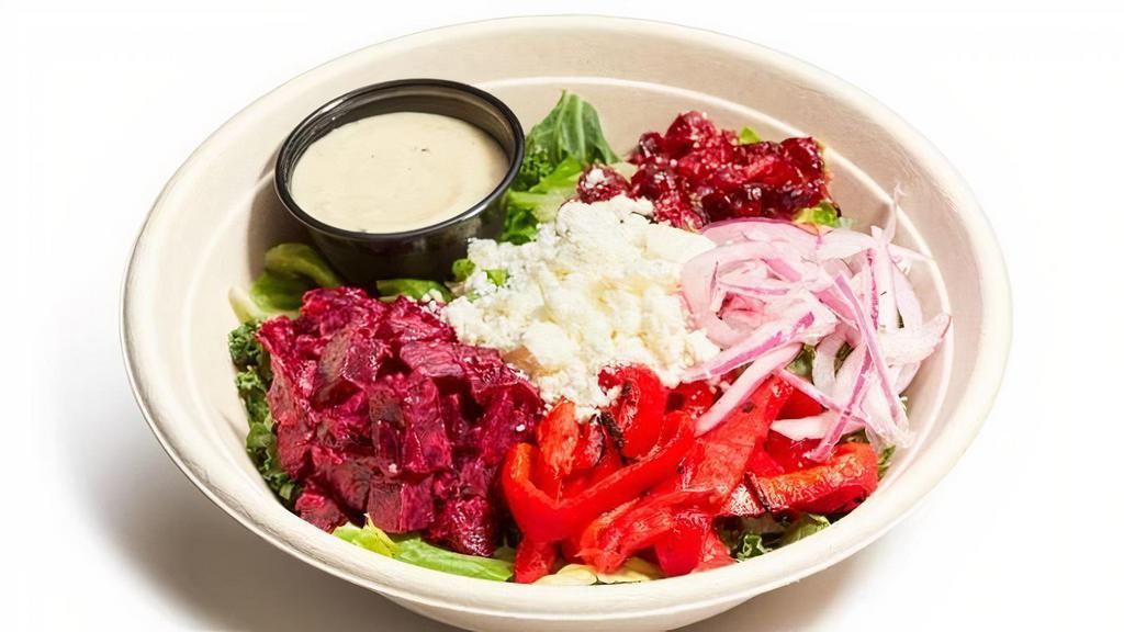 The Gigi · Romaine and shredded kale mix, goat cheese tzatziki beets, sliced red onion, roasted red pepper, cranberries, goat cheese, white balsamic dressing