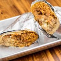 Burrito · Flour tortilla, rice, beans, meat or vegetable of your choice, Monterey Jack cheese, crema, ...