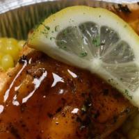 Grilled Salmon With Shrimp, Scallops & With Mixed Veggies · Teriyaki honey glazed salmon with three pieces shrimp scallops and garlic butter steamed veg...