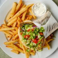 Gyro · Thinly sliced seasoned gyro meat, with chopped lettuce, tomato, red onions on pita bread, sp...