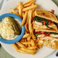 Ionian Panini · Grilled chicken breast, fresh spinach, red peppers, feta cheese, served with tzatziki.