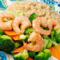 Steamed Shrimp With Broccoli · Served with white or brown rice.