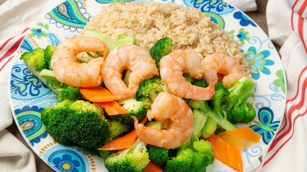 Steamed Shrimp With Broccoli · Served with white or brown rice.