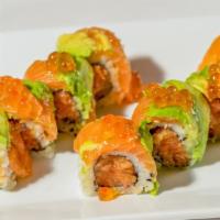 Spicy Titanic Roll · Salmon, avocado wrapped with crunchy spicy tuna. Topped with ikura.