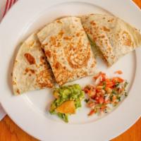 Quesadillas · Flour tortillas stuffed with melted mozzarella cheese and Parmesan. Served with pico de gall...