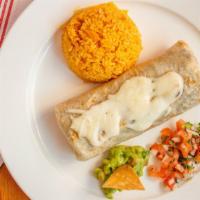 Grill Chicken Burrito · With mozzarella and beans wrapped on a flour tortilla. Served with rice, pico de gallo, and ...