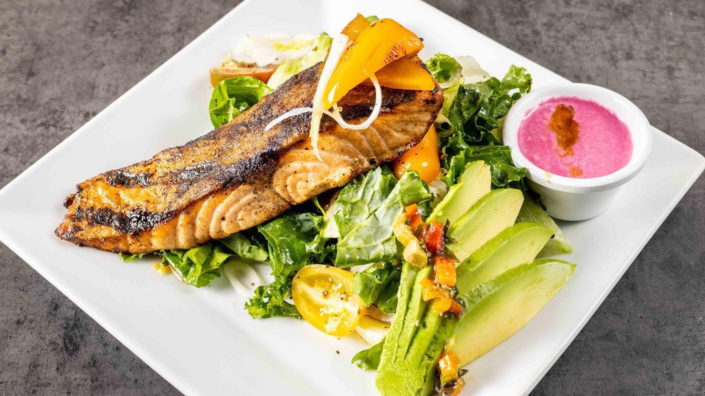 Grilled Salmon · Celery puree, red beets, arugula salad, red onions and cherry tomatoes.