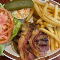 Bacon Burger · Burger topped with cured meat.