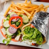Beef Or Chicken Gyro Deluxe · Served with French fries & Greek salad.