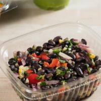 Black Beans Salads · Black bean, corn, scallion, parsley, green, and red peppers, olive and lime juice.