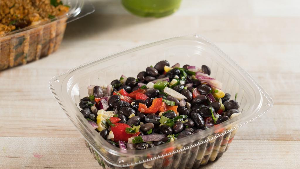 Black Beans Salads · Black bean, corn, scallion, parsley, green, and red peppers, olive and lime juice.