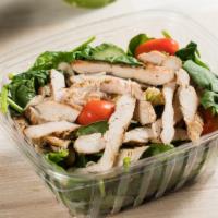 Grilled Chicken Spinach Salad · Baby spinach, cherry tomatoes, cucumbers, sweet corn and grilled chicken with a house dressi...
