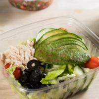 West Coast Salad · Romaine lettuce , sliced avocado, tuna, grape tomatoes, cucumbers and black olives with hous...