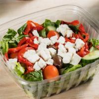 Green Greek Salad · Vegan. Mixed greens with cherry tomatoes, roasted red peppers, cucumbers, kalamata olives, a...