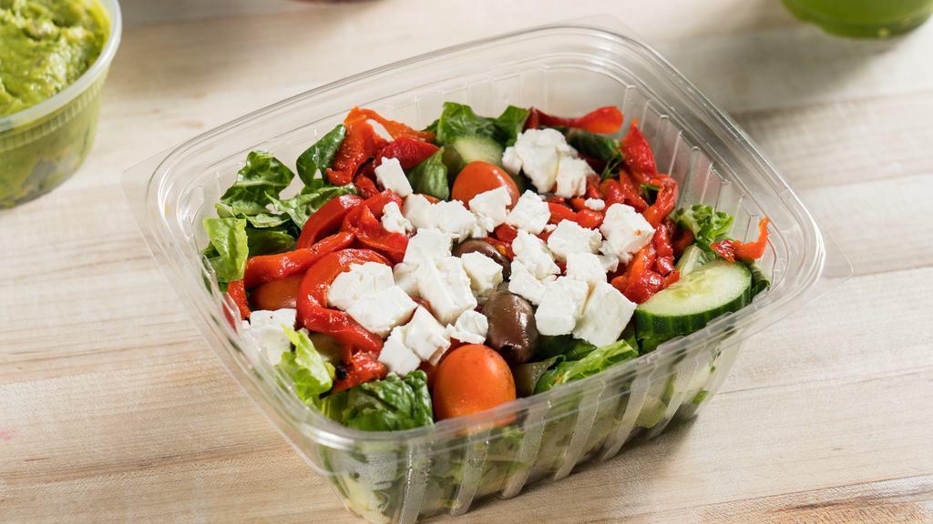 Greek Salad · Romaine lettuce with roasted red peppers, cucumbers, kalamata olives and feta cheese with house dressing.