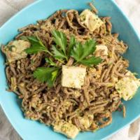 Tofu Soba Noodles · Soba noodles, tofu, snow peas, black sesame seeds, cashews, tamari and scallions with a hous...