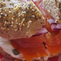Nova Lox · Bagel with lox, cream cheese, sliced red onion & capers