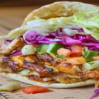 Perfect Pita (Shawarma Pita) · Shawarma in pita with Hummus, Israeli Salad, Red Cabbage, Lettuce, and Tahina