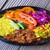 The Roygbiv · Bowl with Mediterranean Rice , Hummus, Spanish Eggplant, Moroccan Carrots, Corn Salad, Red C...