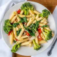 Pasta Alla Veggie · With fresh broccoli, mushrooms, onions, spinach & roasted peppers in a garlic butter wine sa...