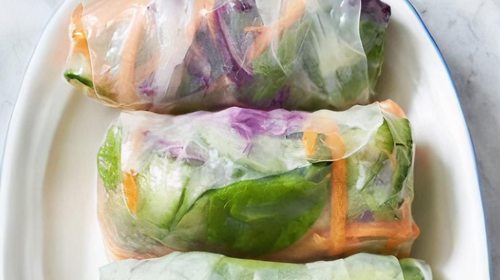 Vegetarian Summer Roll · Lettuces, cucumbers, mint, basil, vermicelli, tofu and red cabbage wrapped in soft rice sheet. Served with hoisin peanut sauce. Vegetarian.