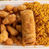 Sweet And Sour Chicken Combination Platter · Served with egg roll and pork fried rice. Sweet amd sour.