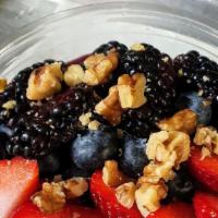 Very Berry - Mixed Berries With Walnuts & Almond Milk · Topped with Fresh strawberries, blueberries, blackberries and walnuts.
(made with acai Berry)