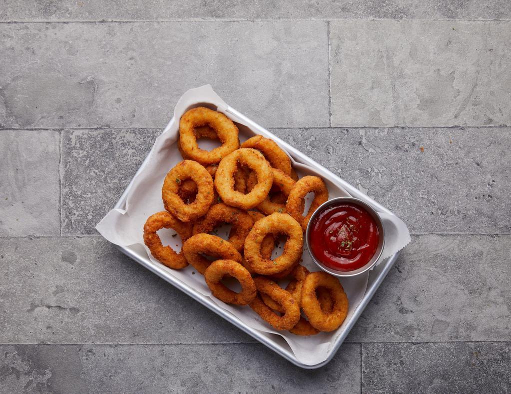 Onion Rings · Deep fried and lightly breaded onion rings served with ketchup.
