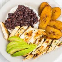 Grilled Chicken Platter · 2 Grilled Chicken White Meat Sliced served with Rice & Black Beans + Yellow Plantains