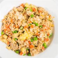 Our Famous Gallo Rice · Delicious stir fry rice mixed with eggs, peas and carrots plus your choice of Chicken, Pork ...