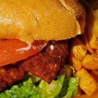 Chicken Cutlets Sandwich · Chicken cutlets, lettuce, tomatoes, onions, mayo.
on a Kaiser Roll
