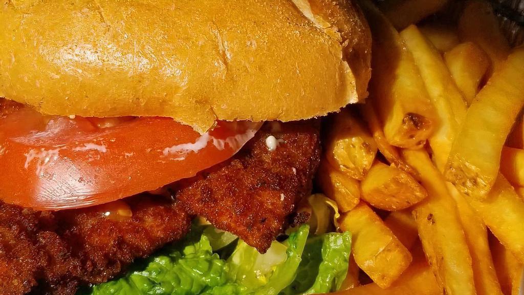 Chicken Cutlets Sandwich · Chicken cutlets, lettuce, tomatoes, onions, mayo.
on a Kaiser Roll