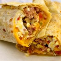 Burrito · Egg, bacon, peppers, onions on wrap.