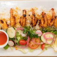 Grilled Shrimps (Camarones Asados) · Served with rice, salad, and a corn flour tortilla. / Incluye arroz , ensalada y una tortilla.