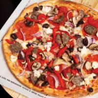 The Tribune.^ · Red sauce, mozzarella, pepperoni, red onion, mushroom, roasted red bell peppers, sweet Itali...