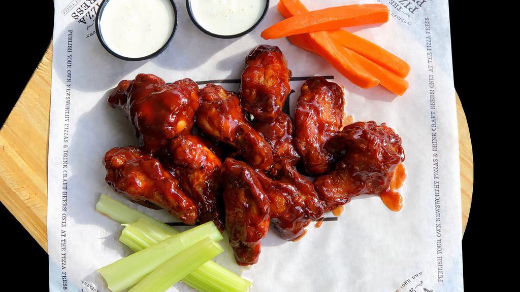 10Pc Wings.^ · 10 ct Traditional Bone in Wings with choice of wing sauce, and side. dipping sauce.