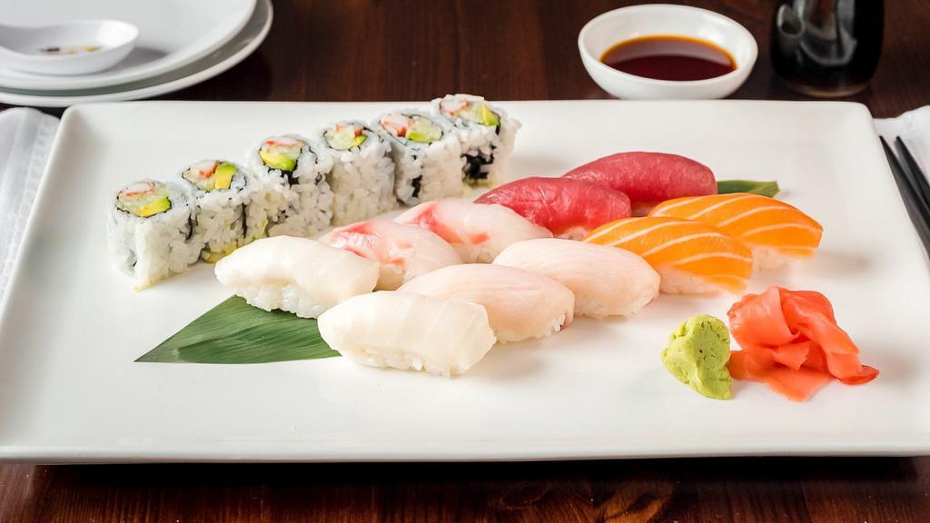 Sushi Lunch · Six pieces of sushi and one California roll.