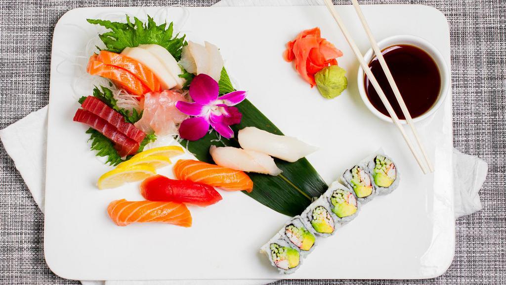 Sushi & Sashimi Combination · Six pieces of sashimi, four pieces of sushi. And one California roll.