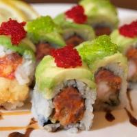 Dragon Fly Roll · Shrimp tempura, spicy tuna topped with avocado, red and yuzu. caviar, BBQ eel, spicy aioli a...