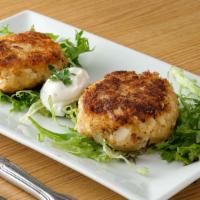 Crab Cakes · Hearts of palm, vegan tartar sauce, garlic seasoning, organic lettuce.