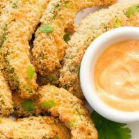 Avocado Fries · Fresh sliced avocado, Garlic flavored crispy Panko breadcrumbs.