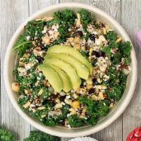 Power Quinoa Salad · Organic quinoa, kale, avocado, black bean corn salsa, vegan cheese, cucumber, and chickpeas.
